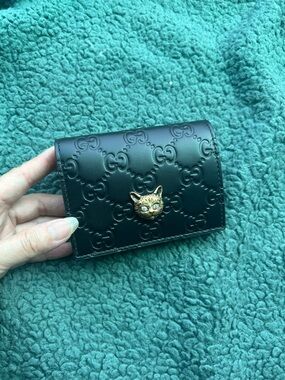 NWT Authentic Gucci Guccissima Big Cat 🐱 Leather Mini Wallet Black